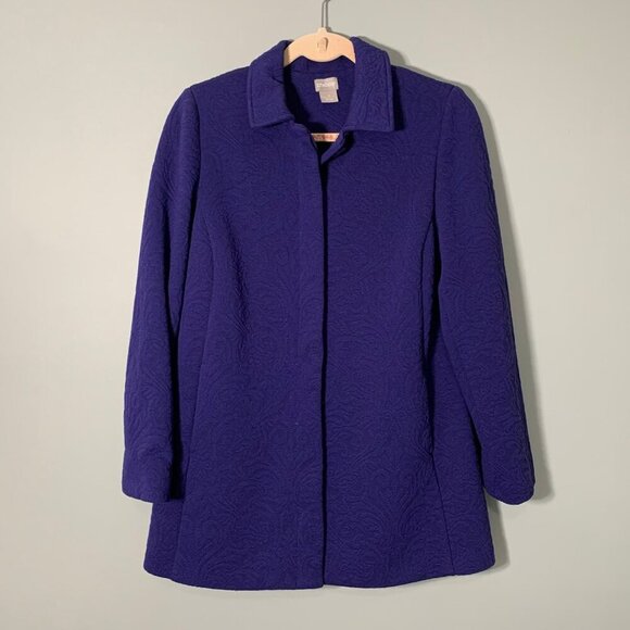 Chico's blue textured collared hidden button long lines long sleeve jacket - Picture 1 of 11
